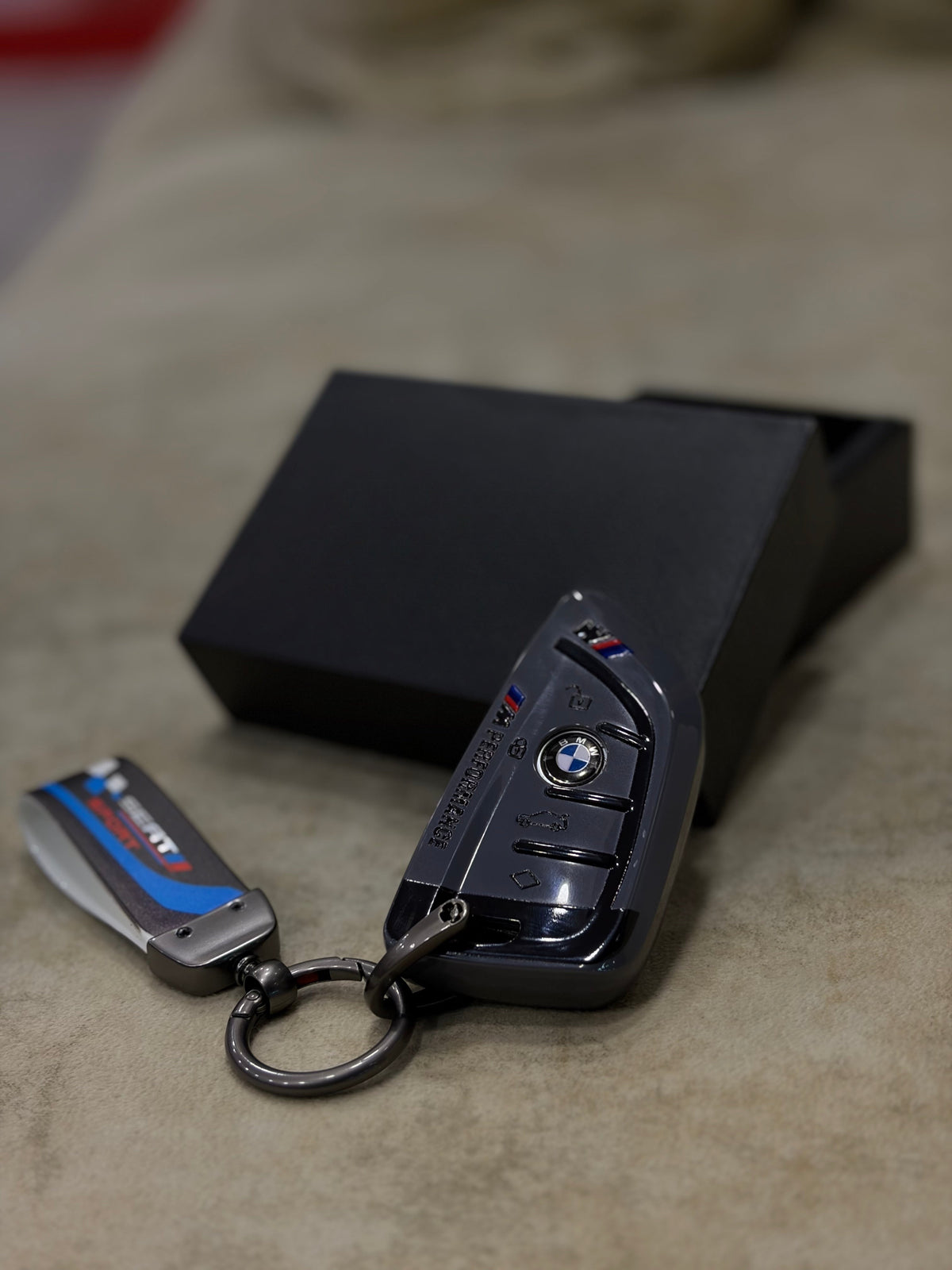 BMW M Performance key fob case in grey with M Sport strap and black gift box