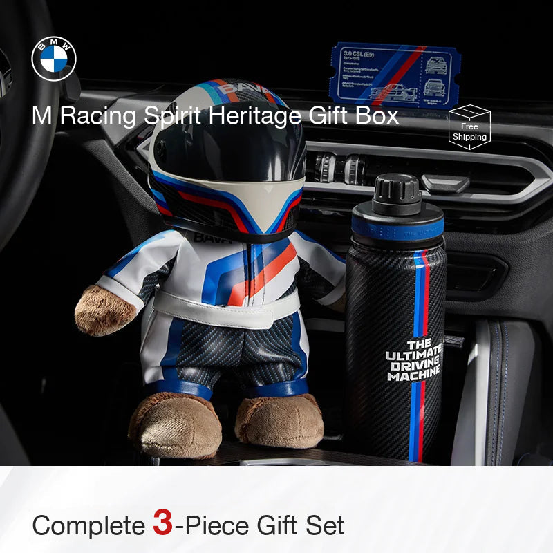 BMW M Racing Spirit Heritage Gift Box with helmeted plush racer bear, carbon-look water bottle and 3.0 CSL fridge magnet