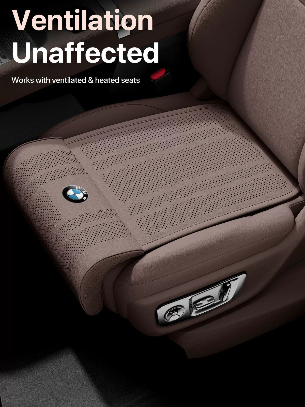 BMW seat cushion with leg rest on a brown leather seat - seat ventilation unaffected