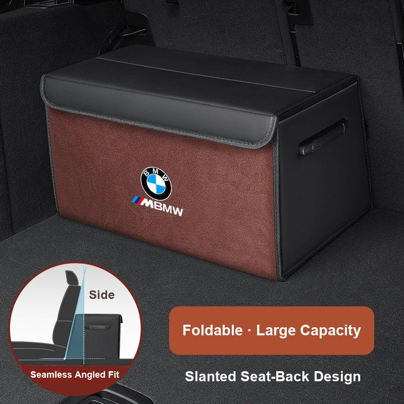 BMW suede-finish trunk organizer box in Mocha Brown in a BMW trunk