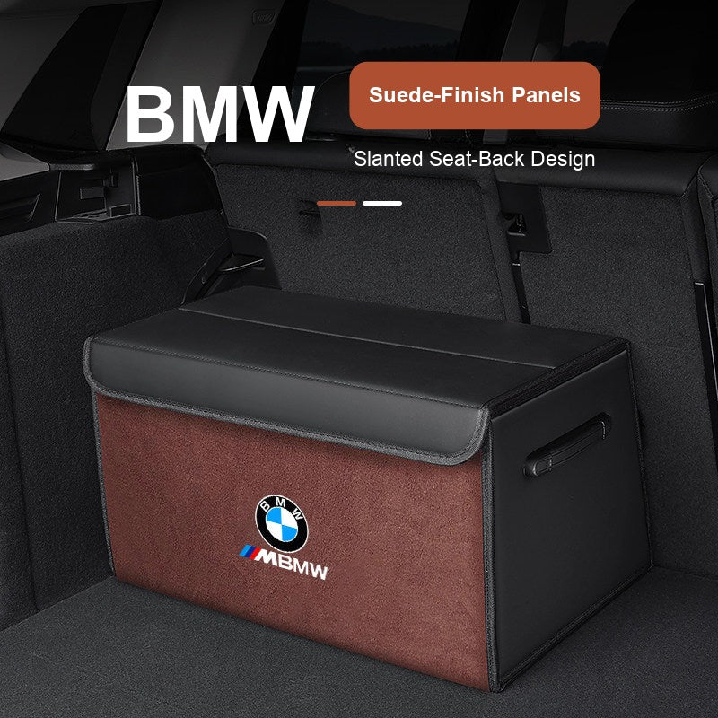 BMW trunk storage box with suede-finish panels and slanted seat-back design
