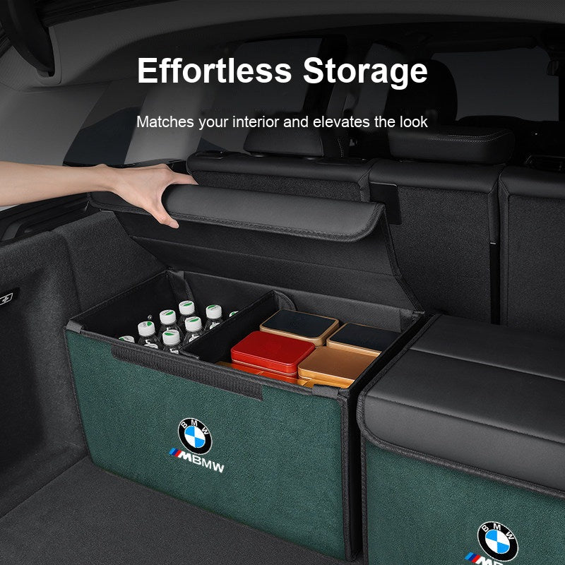 BMW trunk organizer box open with dividers, Emerald
