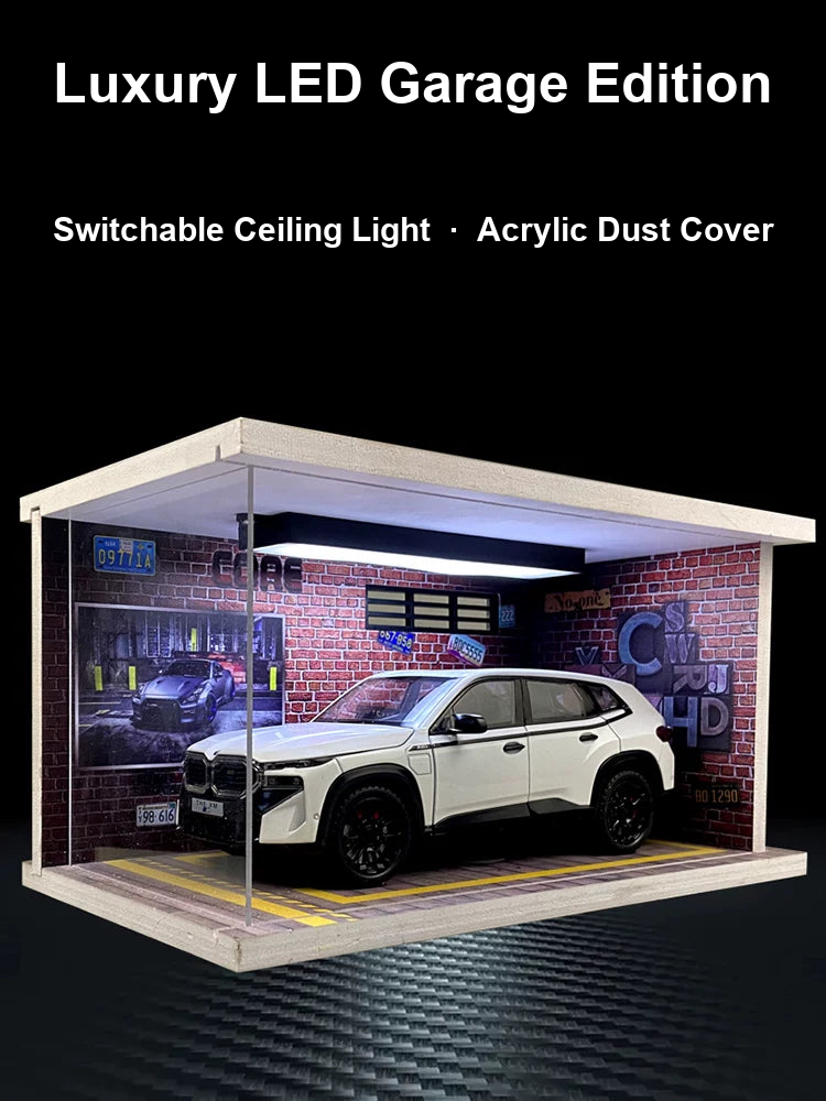 1:24 BMW XM diecast model in white inside the LED luxury garage with switchable ceiling light