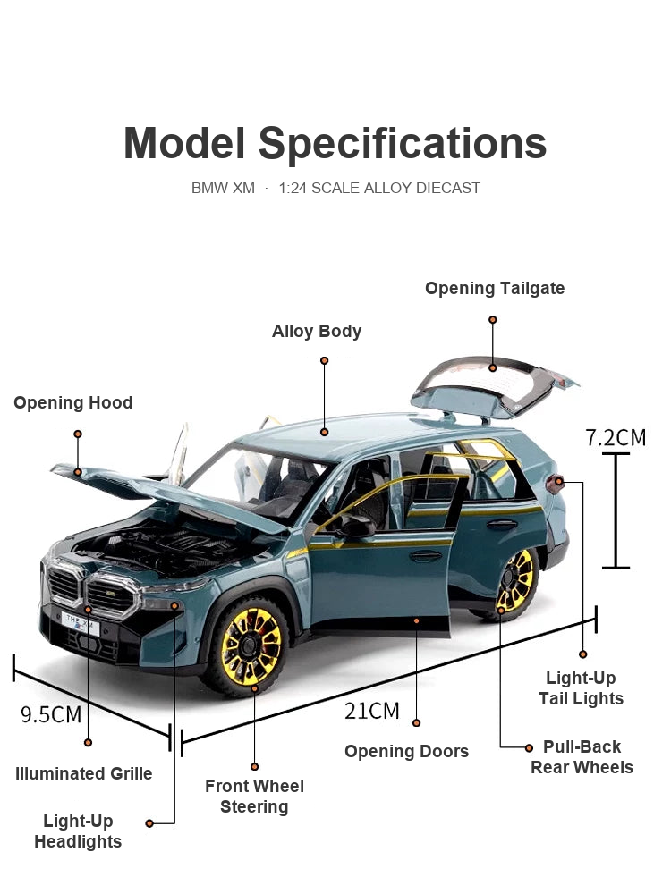 1:24 BMW XM diecast model specifications – opening doors, hood and tailgate, 21 cm length