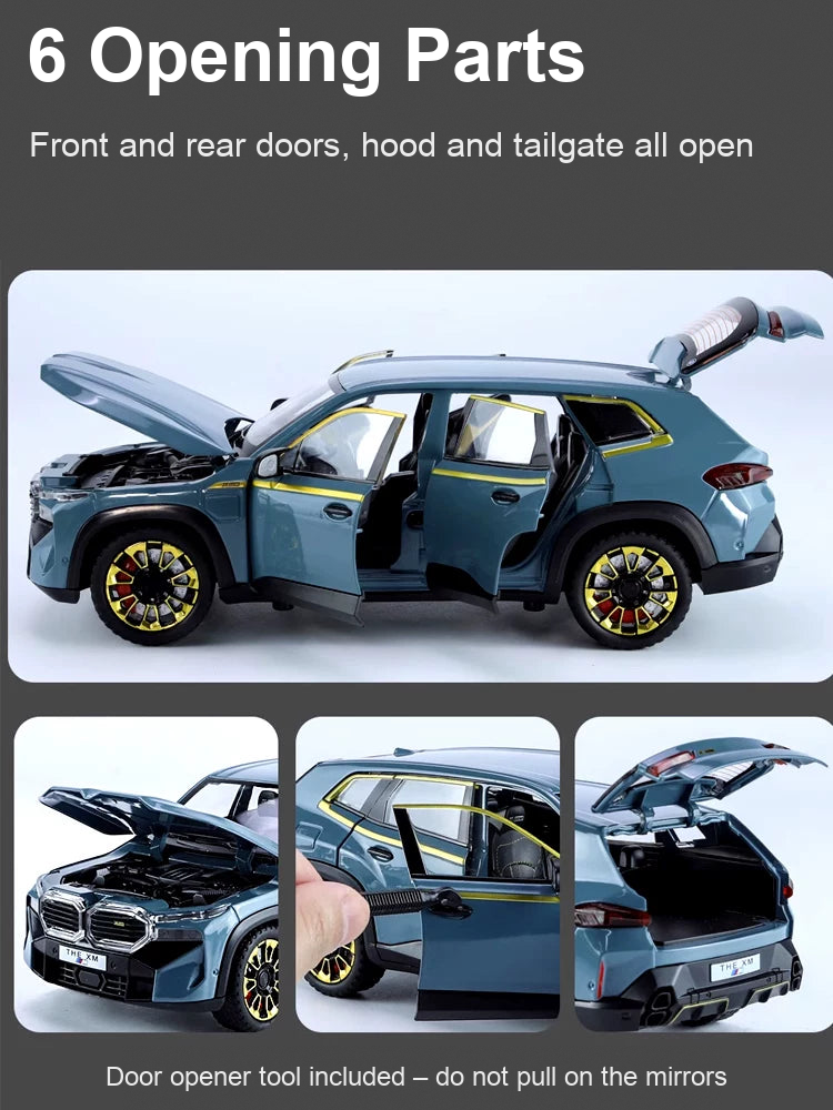 BMW XM diecast model with 6 opening parts – doors, hood and tailgate