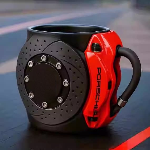 Brake caliper coffee mug with Porsche red caliper and drilled brake disc