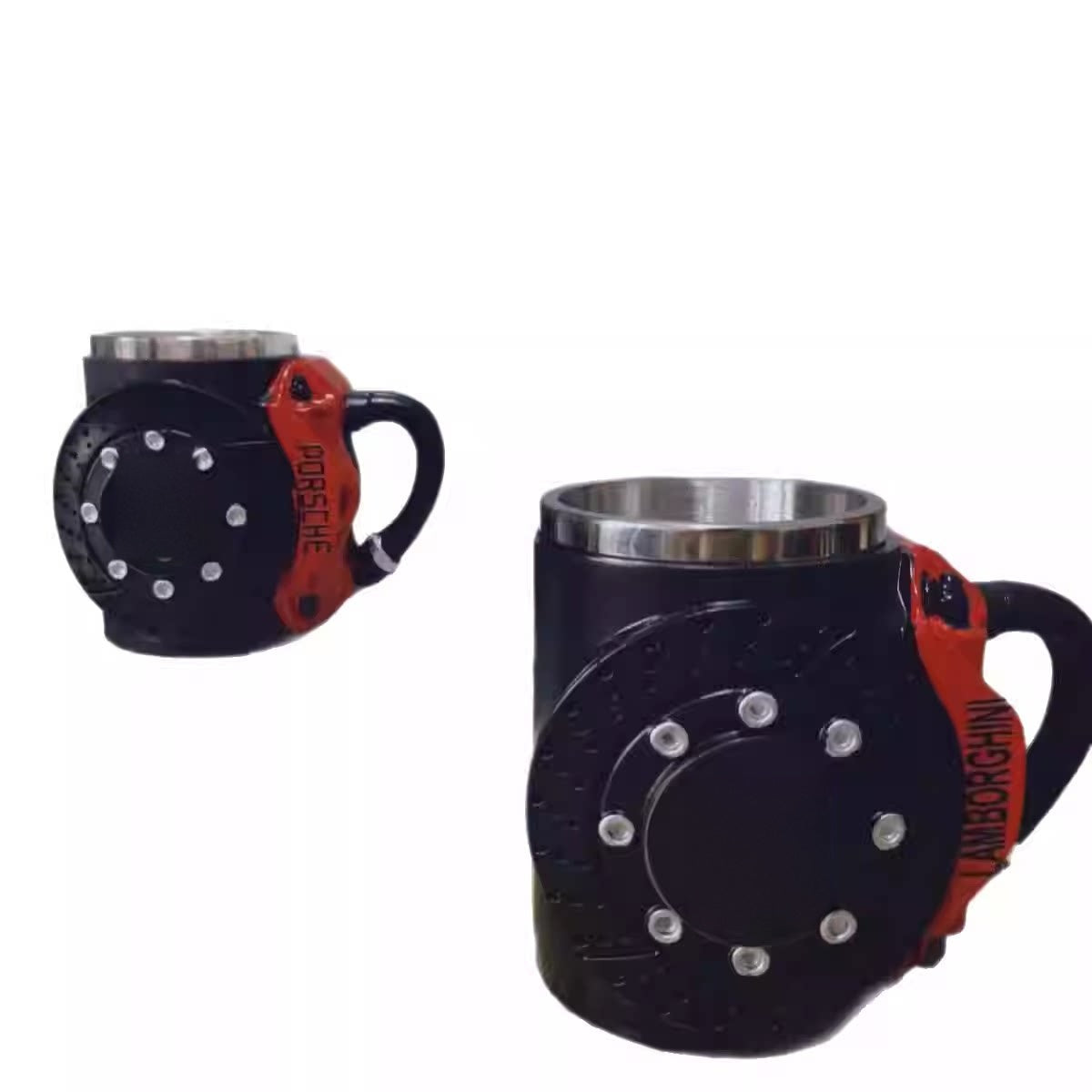 Brake disc coffee mug with stainless steel rim, two sizes shown