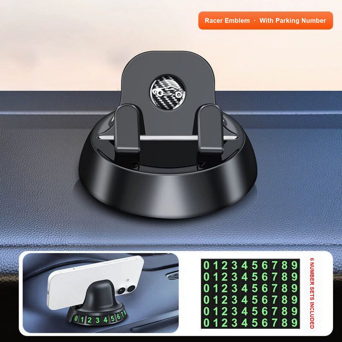 Minimalist dashboard phone stand – Racer emblem with parking number