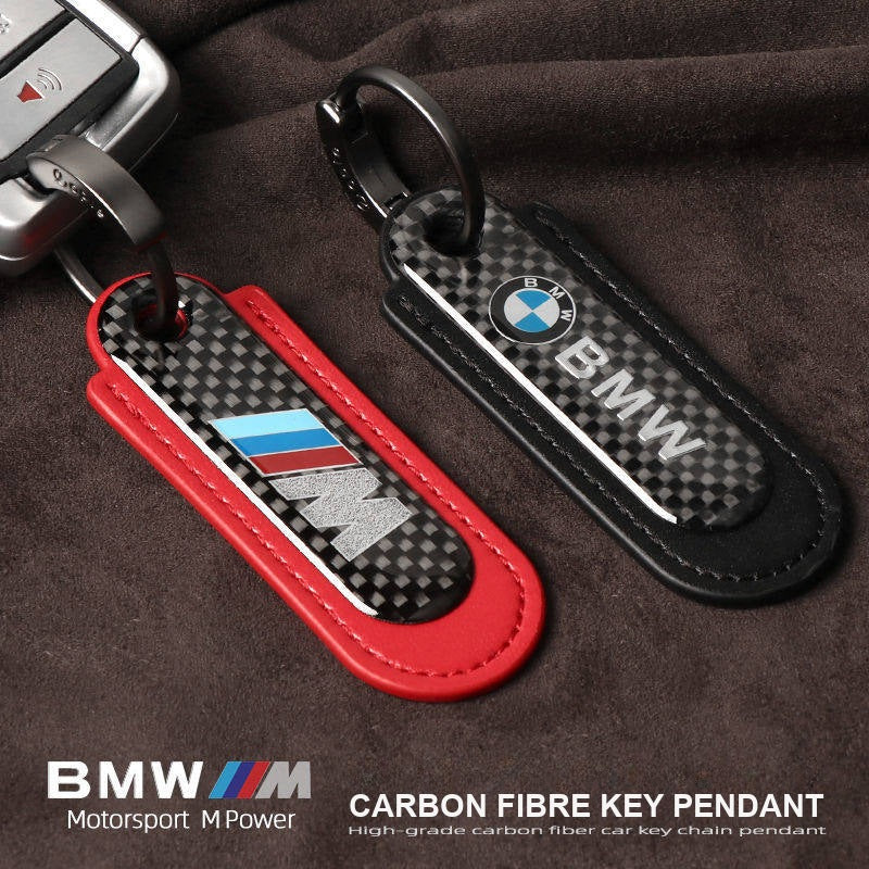 BMW M carbon fibre keychains in red and black leather