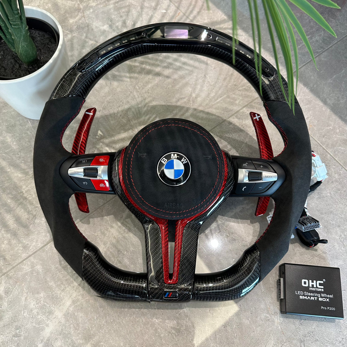 Carbon fiber LED steering wheel with Alcantara and red carbon trim for BMW F series