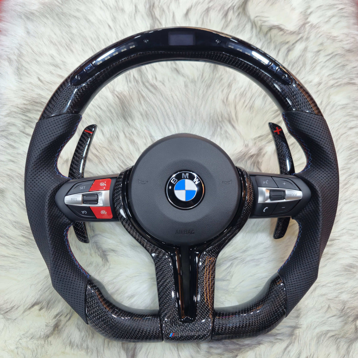 Carbon fiber LED steering wheel with M1 M2 red buttons for BMW F series - front view