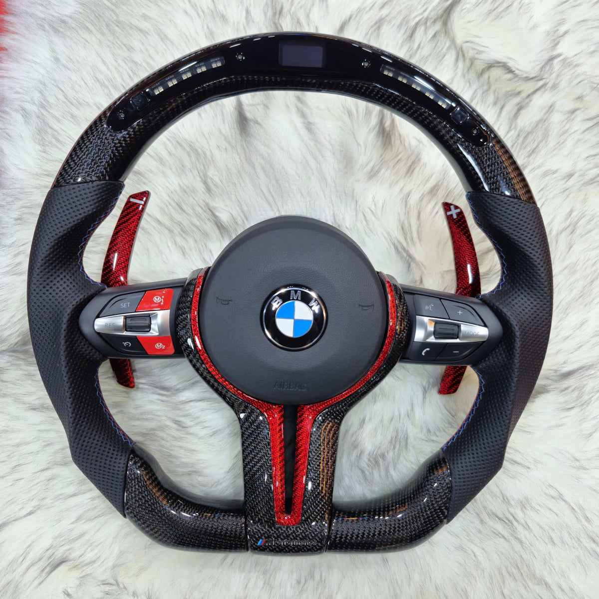 Carbon fiber red trim LED steering wheel for BMW F series - front view