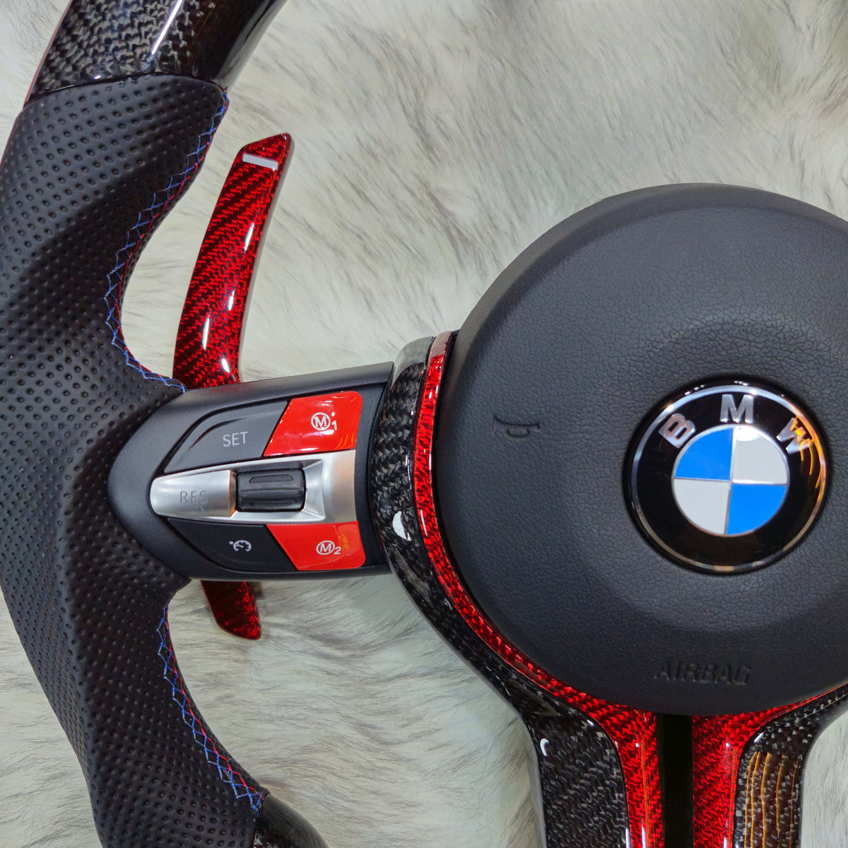 Carbon fiber red trim LED steering wheel for BMW F series - side detail