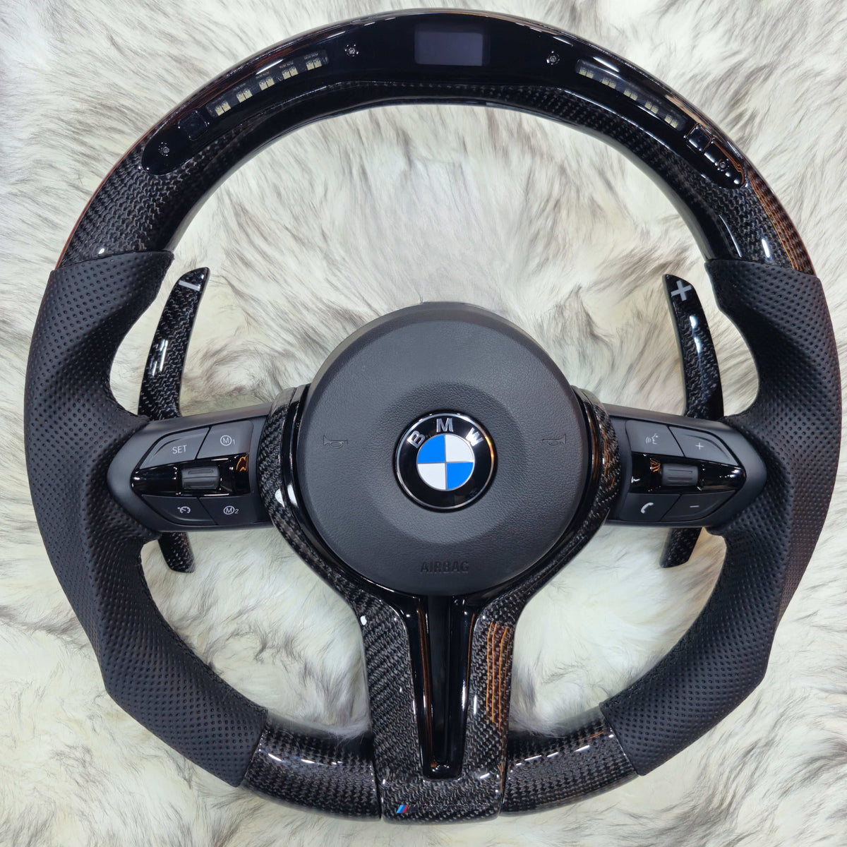 Full carbon round bottom LED steering wheel for BMW F series - front view