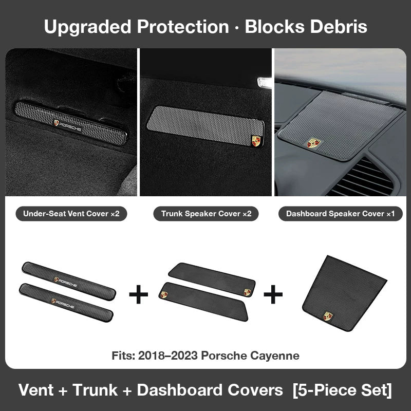 Porsche Cayenne complete 5-piece set in Black – vent covers, trunk and dashboard speaker covers