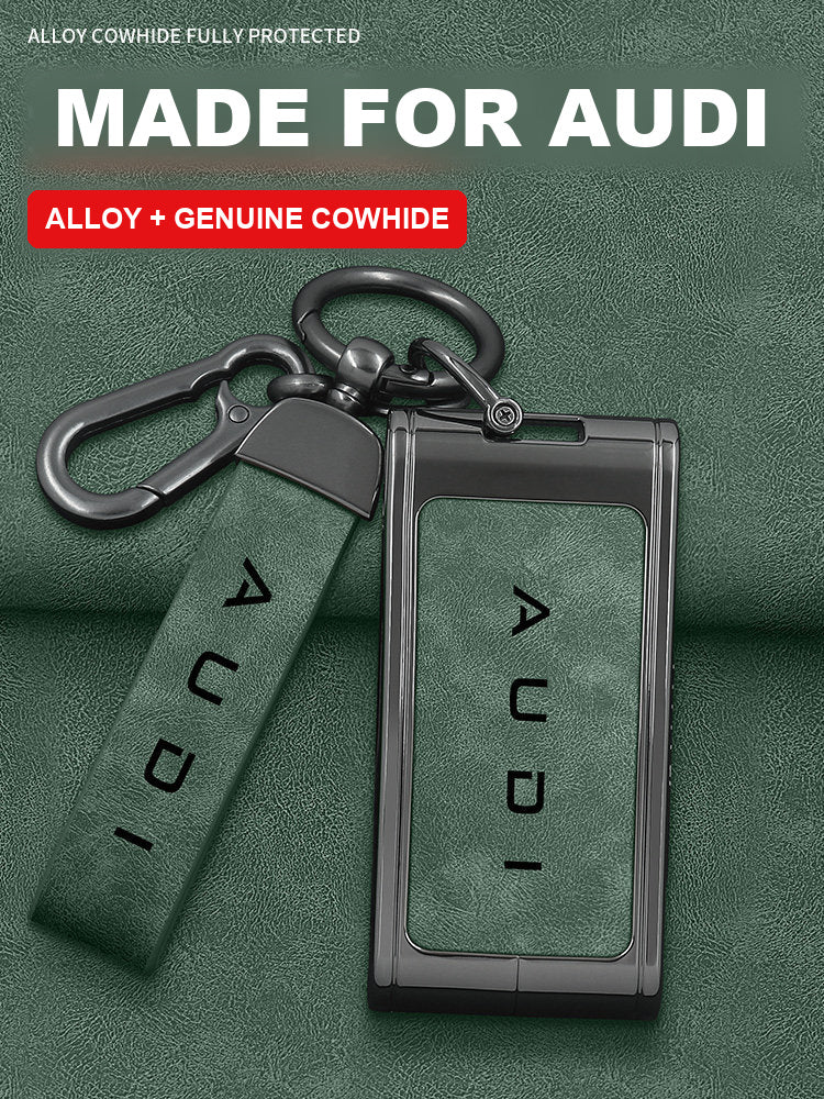 Audi key case in alloy and green cowhide with strap