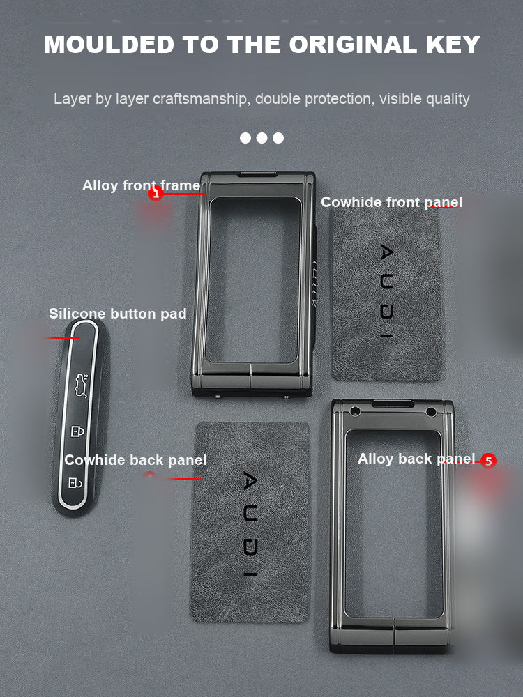 Exploded view of the alloy frame, cowhide panels and silicone pad