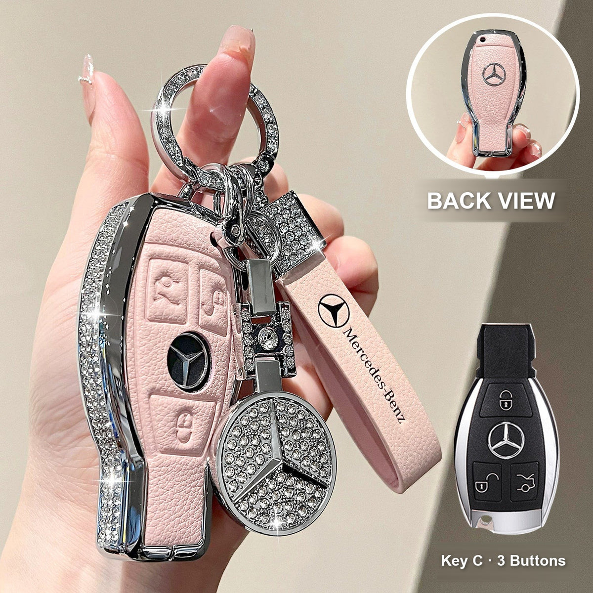 Key C 3 Buttons Pink with crystal ring bracelet and emblem charm