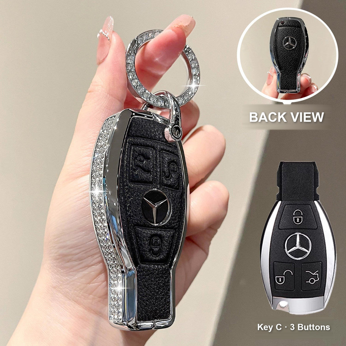 Key C 3 Buttons Premium Black with crystal rings