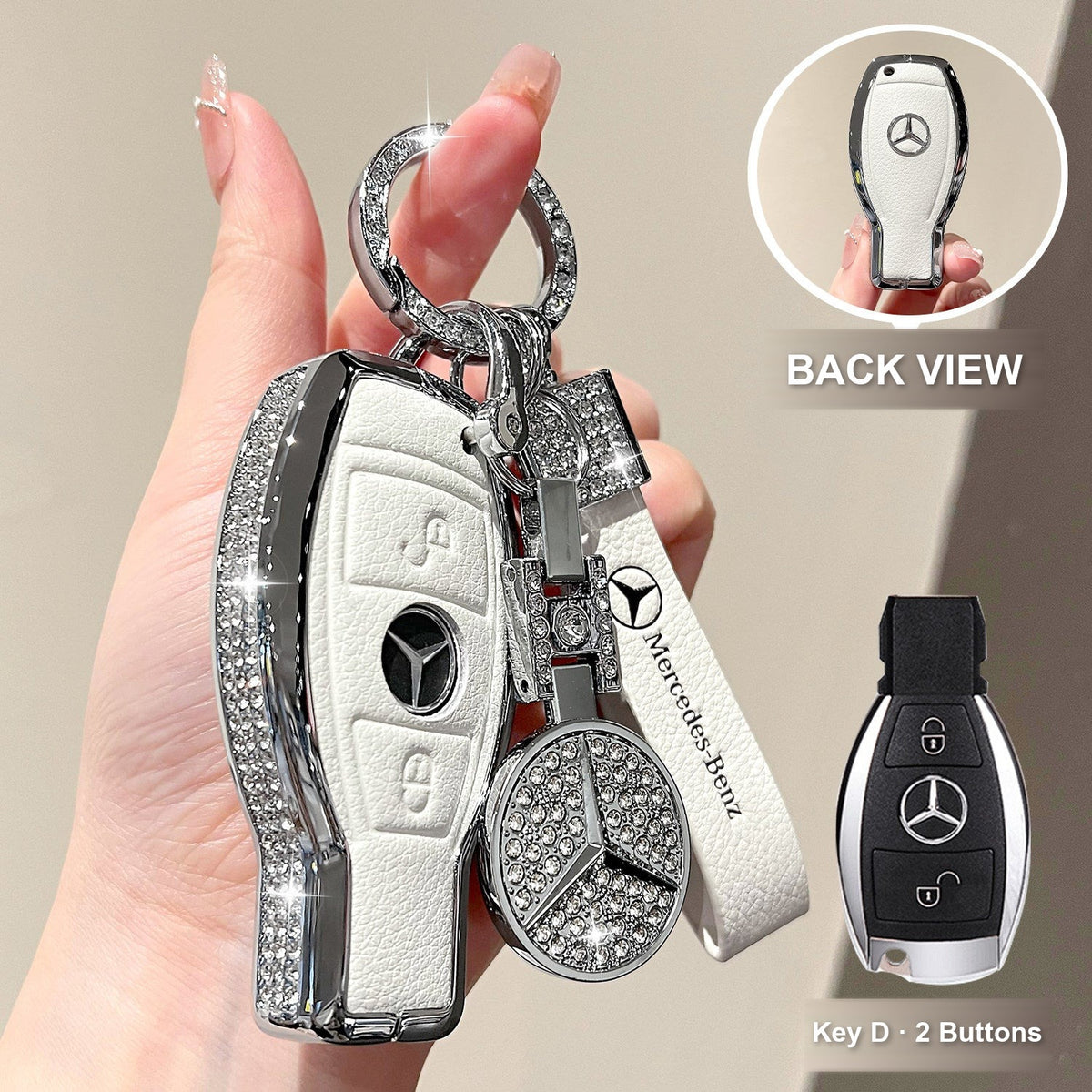 Key D 2 Buttons Pearl White with crystal ring bracelet and emblem charm