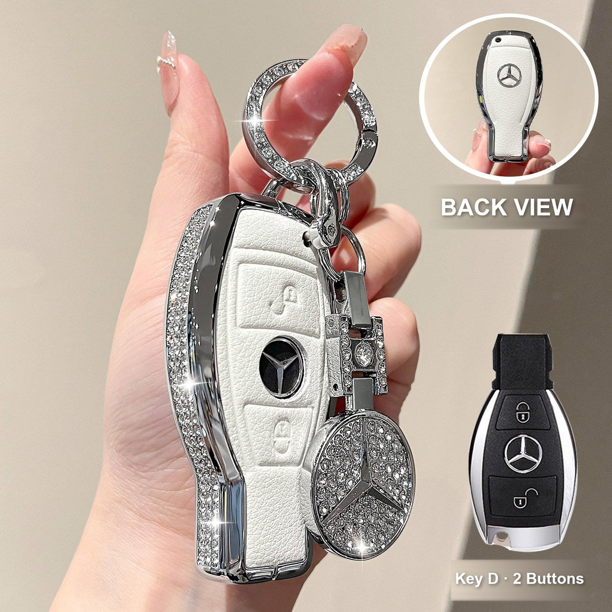 Key D 2 Buttons Pearl White with crystal emblem charm