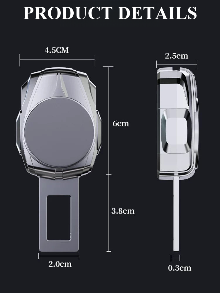 Seat belt extender dimensions: 4.5 cm wide, 6 cm body, 3.8 cm tongue