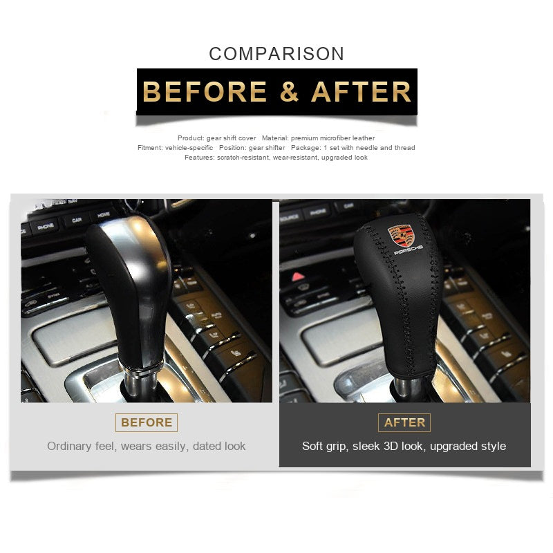 Before and after comparison, black gear shift cover on Porsche Cayenne