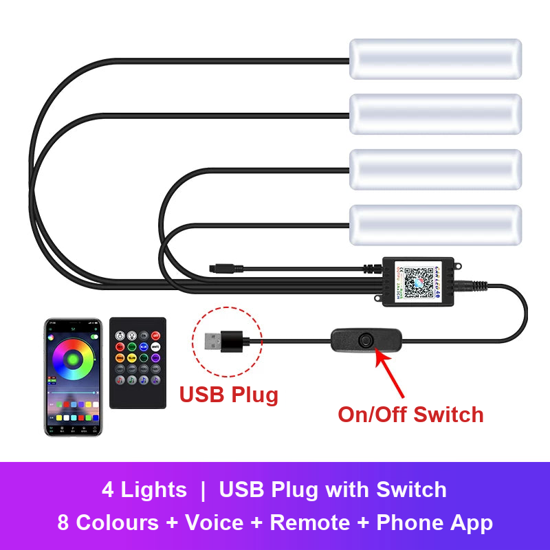 4-light kit with USB plug and on/off switch, remote and phone app