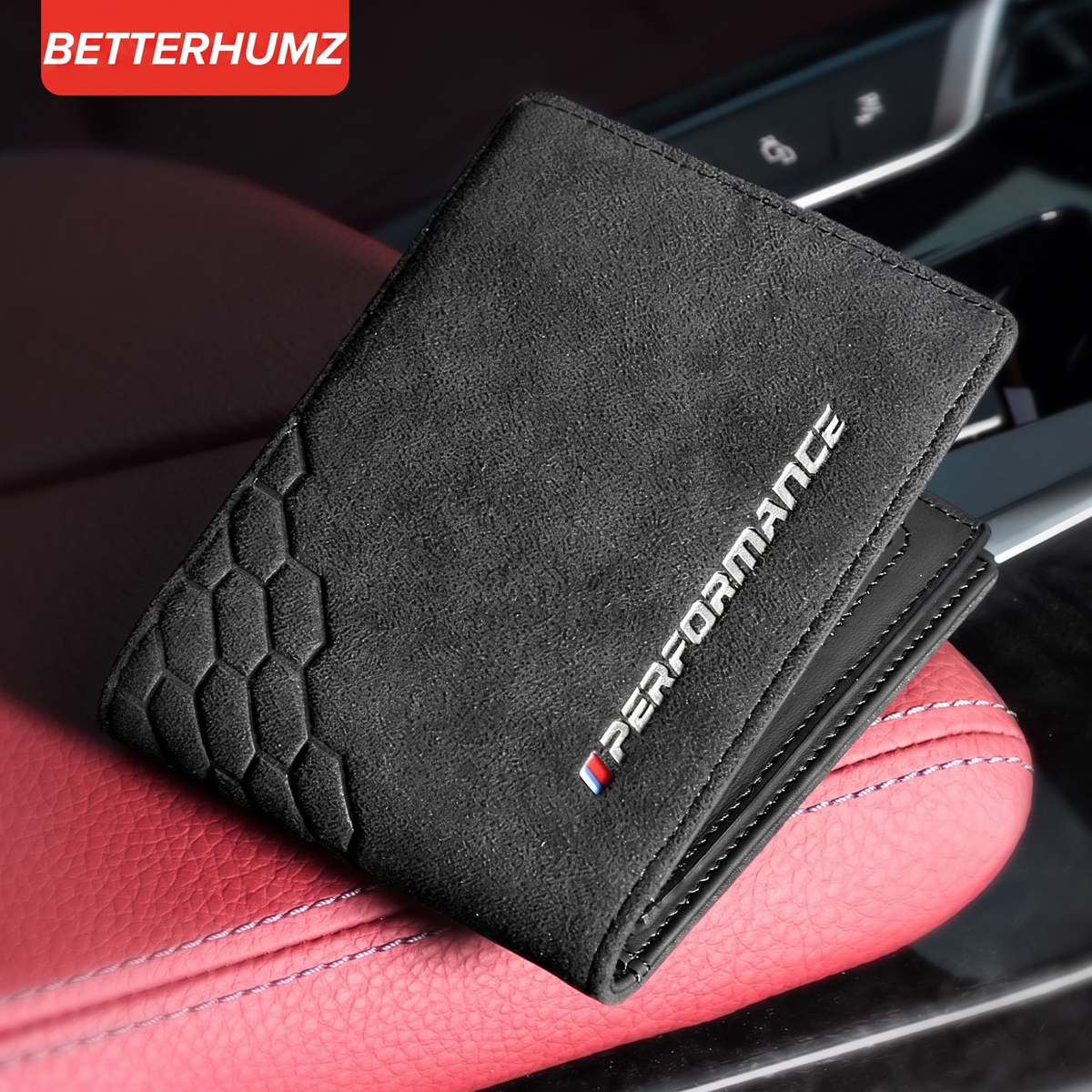 BMW Performance leather driver's license case on red car seat