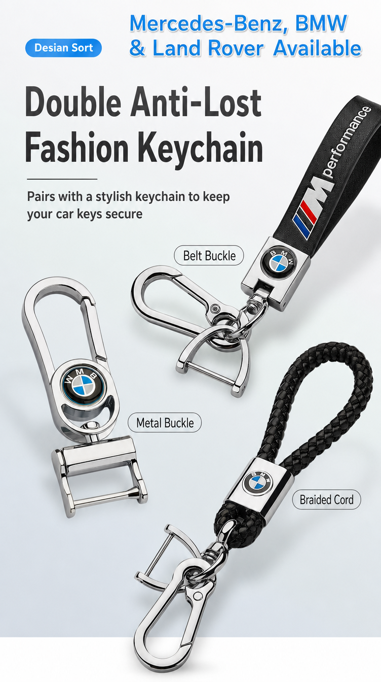 BMW, Mercedes-Benz and Land Rover keychain styles - belt buckle, metal buckle, braided cord