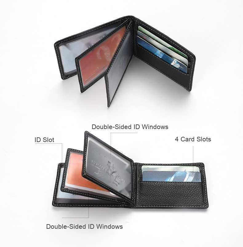 Interior of the leather licence holder showing double-sided ID windows, ID slot and 4 card slots