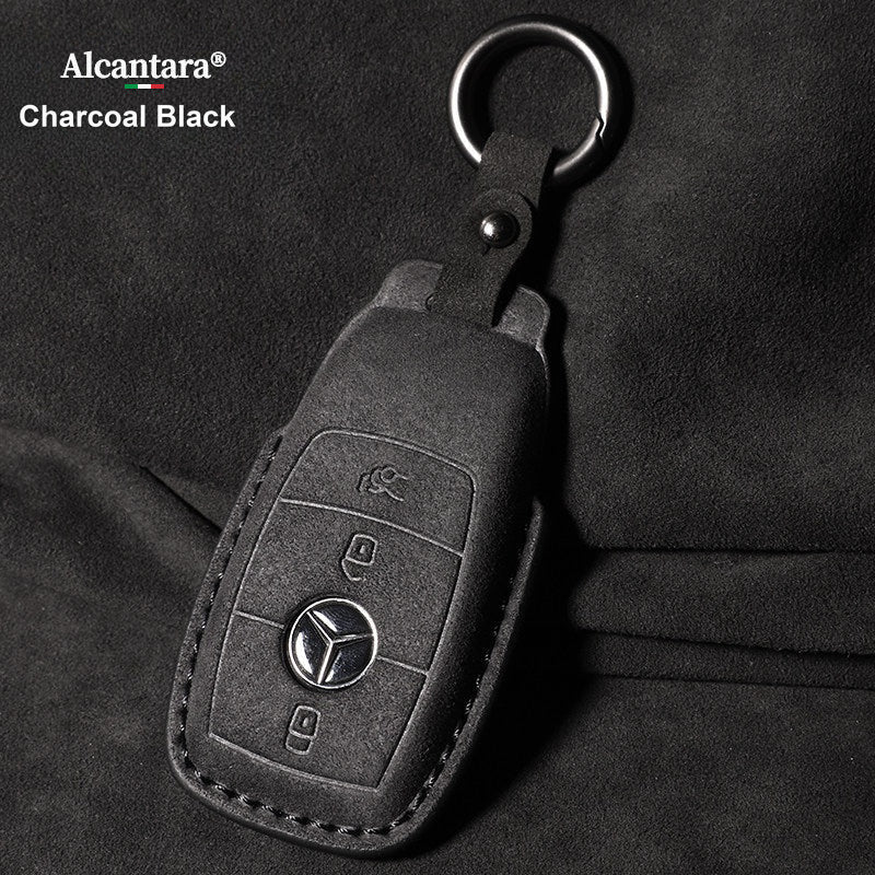 Mercedes-Benz Alcantara suede key case – E-Class style, Charcoal Black, Simple Ring