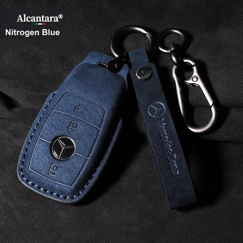 Mercedes-Benz Alcantara suede key case – E-Class style, Nitrogen Blue, Pendant Strap