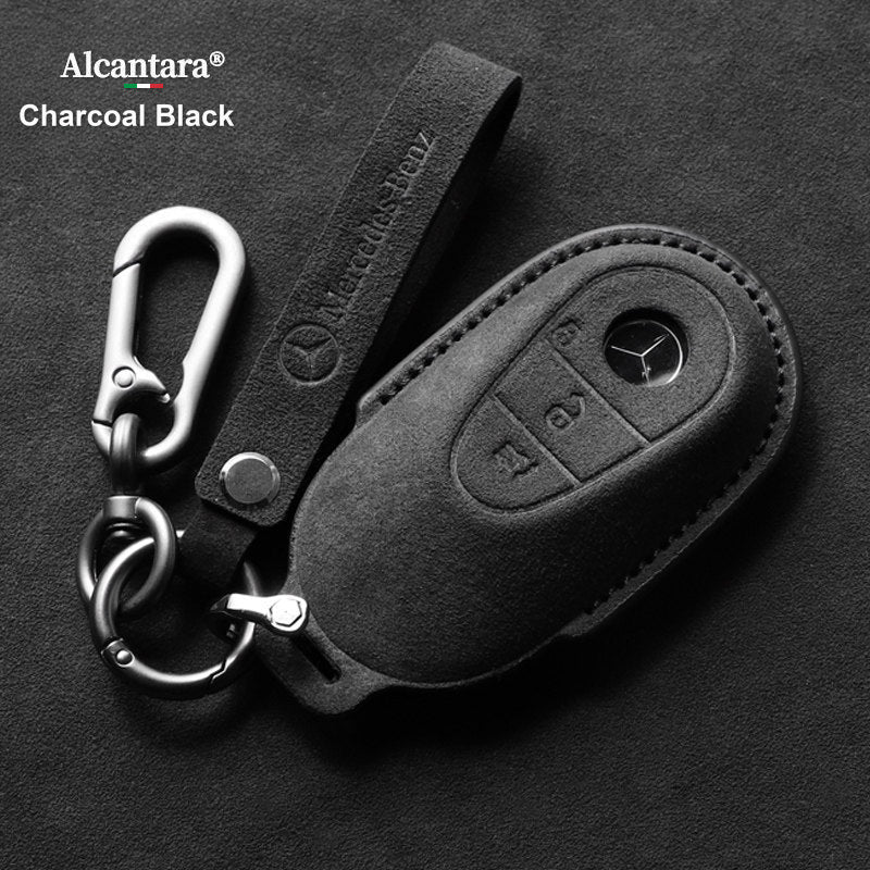 Mercedes-Benz Alcantara suede key case – C-Class / S-Class style, Charcoal Black, Pendant Strap