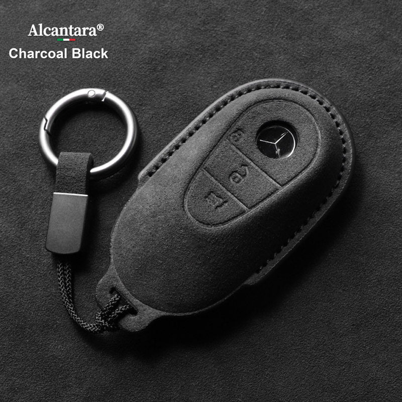 Mercedes-Benz Alcantara suede key case – C-Class / S-Class style, Charcoal Black, Ring Band