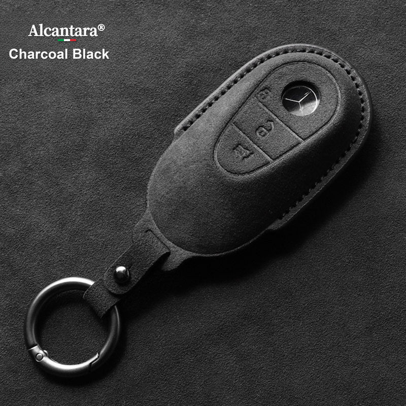 Mercedes-Benz Alcantara suede key case – C-Class / S-Class style, Charcoal Black, Simple Ring
