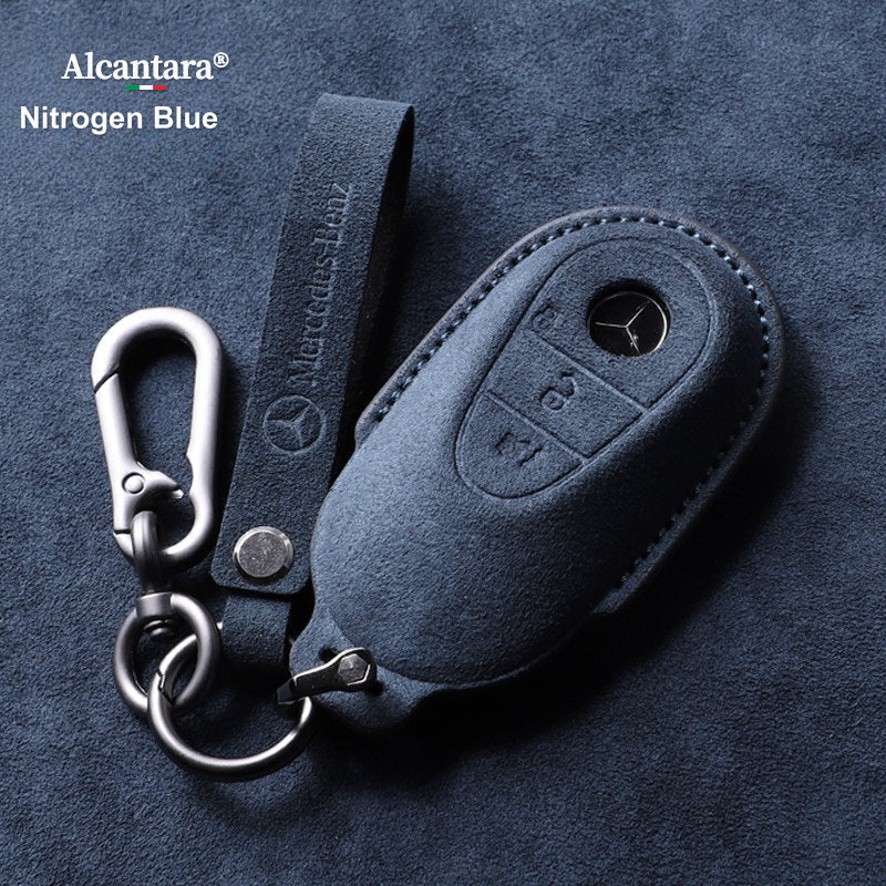 Mercedes-Benz Alcantara suede key case – C-Class / S-Class style, Nitrogen Blue, Pendant Strap