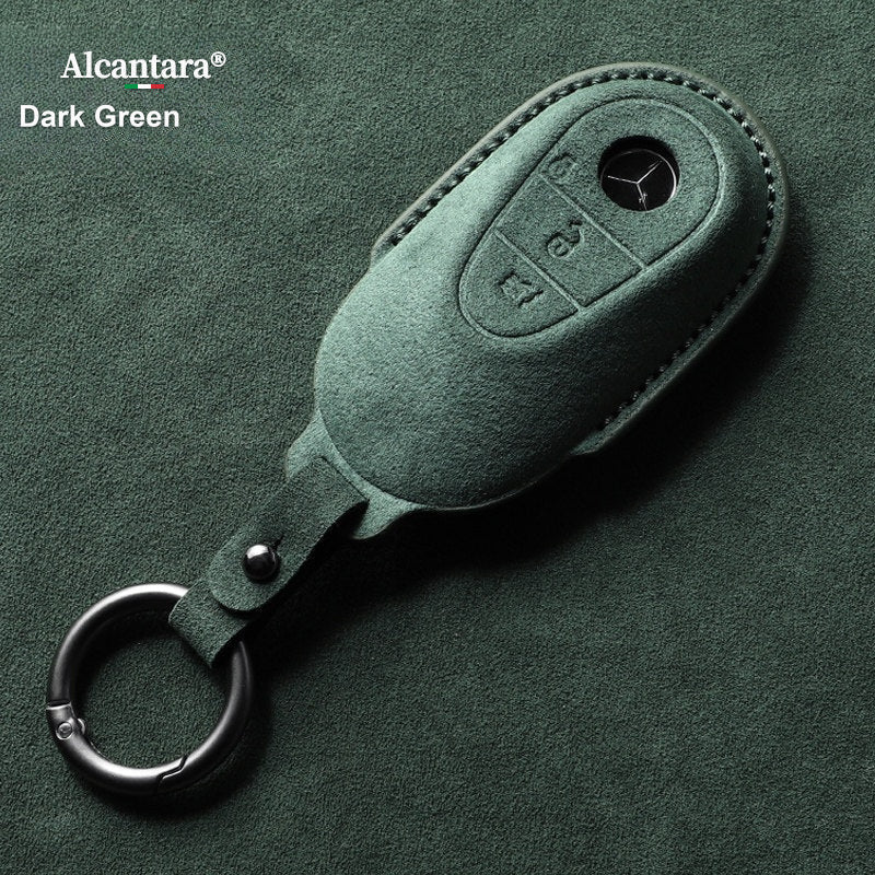 Mercedes-Benz Alcantara suede key case – C-Class / S-Class style, Dark Green, Simple Ring