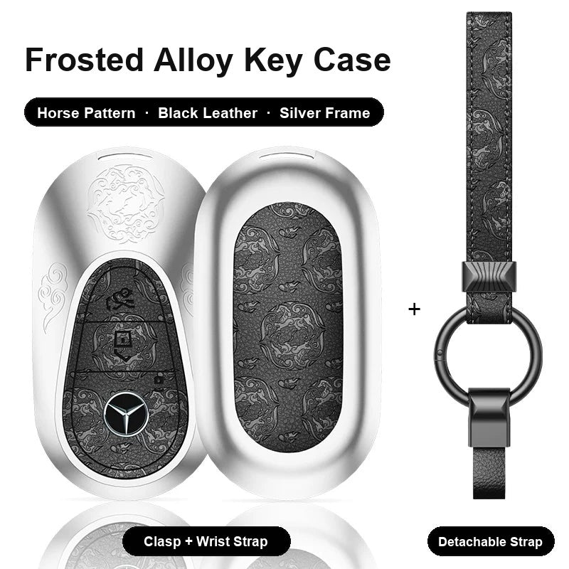 Mercedes-Benz Type C key case - Horse pattern, black leather, silver frame