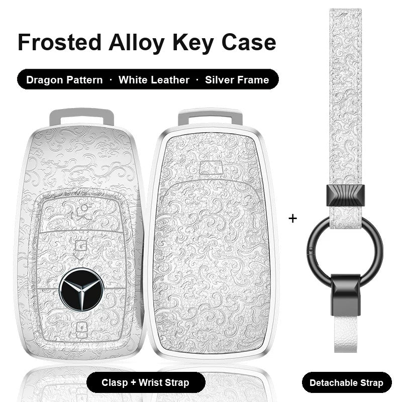 Mercedes-Benz Type A 3-button key case - Dragon pattern, white leather, silver frame