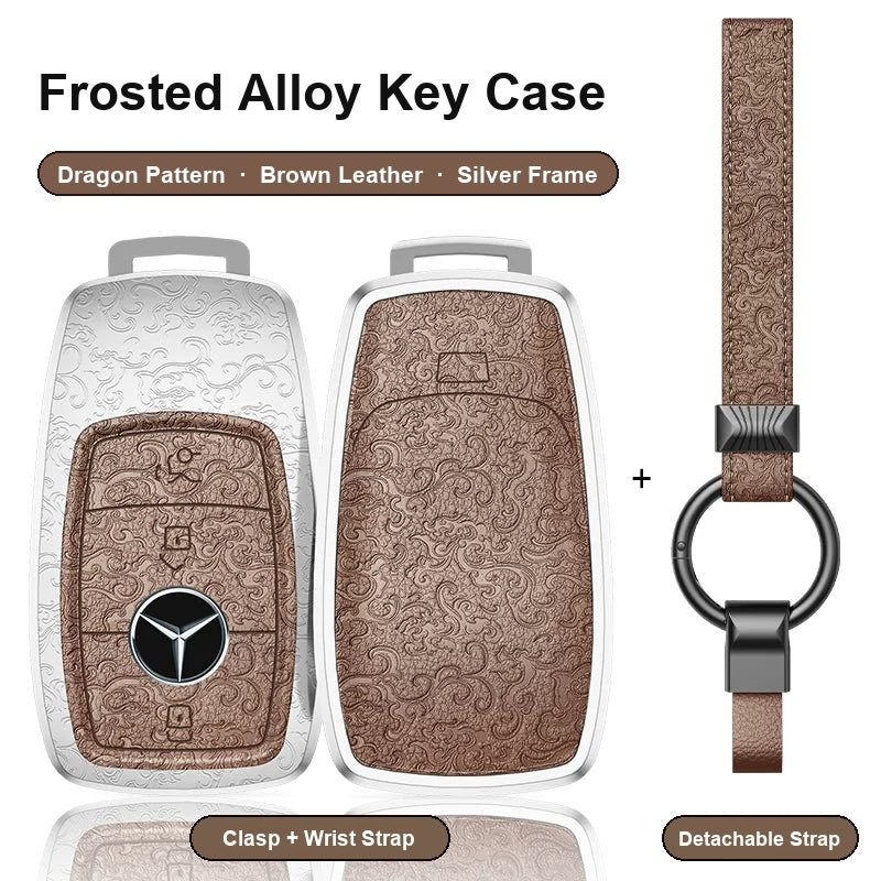 Mercedes-Benz Type A 3-button key case - Dragon pattern, brown leather, silver frame