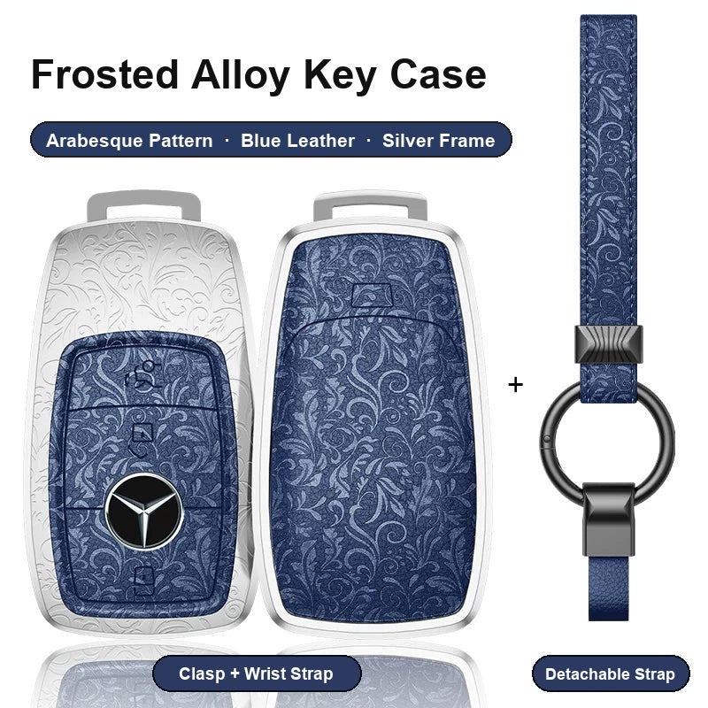Mercedes-Benz Type A 3-button key case - Arabesque pattern, blue leather, silver frame