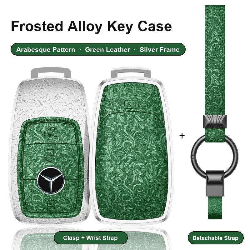 Mercedes-Benz Type A 3-button key case - Arabesque pattern, green leather, silver frame