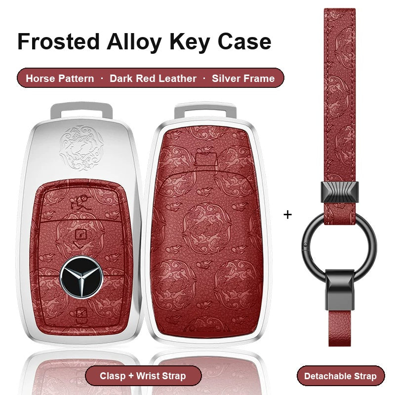 Mercedes-Benz Type A 3-button key case - Horse pattern, dark red leather, silver frame