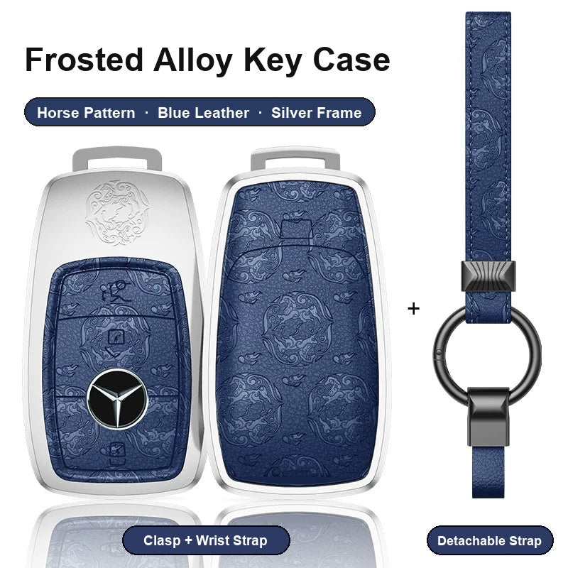 Mercedes-Benz Type A 3-button key case - Horse pattern, blue leather, silver frame
