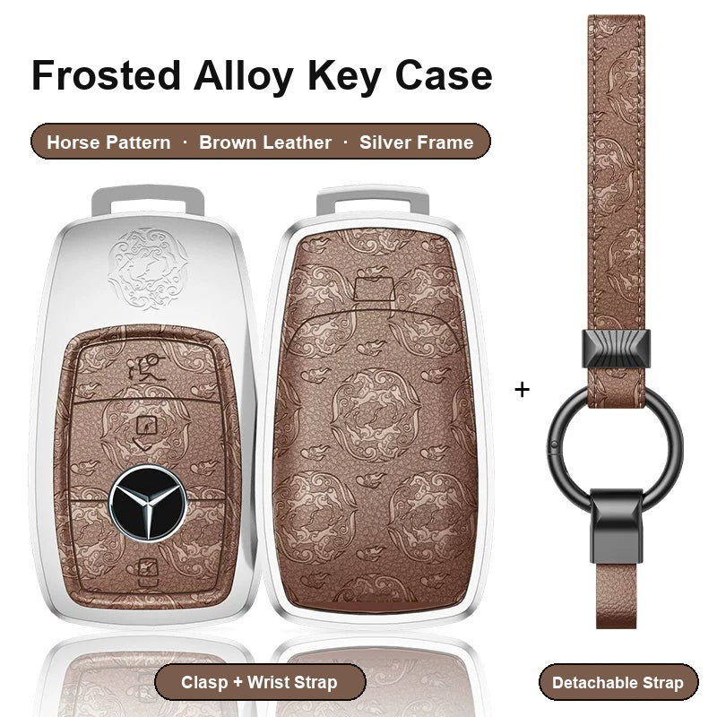Mercedes-Benz Type A 3-button key case - Horse pattern, brown leather, silver frame