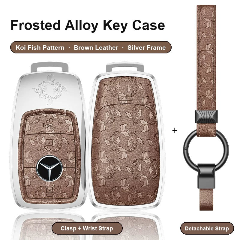 Mercedes-Benz Type A 3-button key case - Koi Fish pattern, brown leather, silver frame