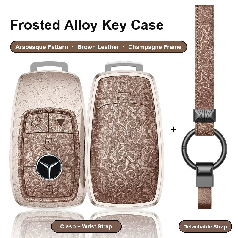 Mercedes-Benz Type A 4-button key case - Arabesque pattern, brown leather, champagne frame