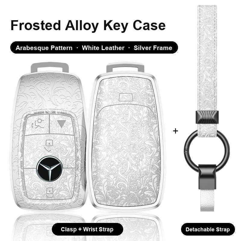 Mercedes-Benz Type A 4-button key case - Arabesque pattern, white leather, silver frame
