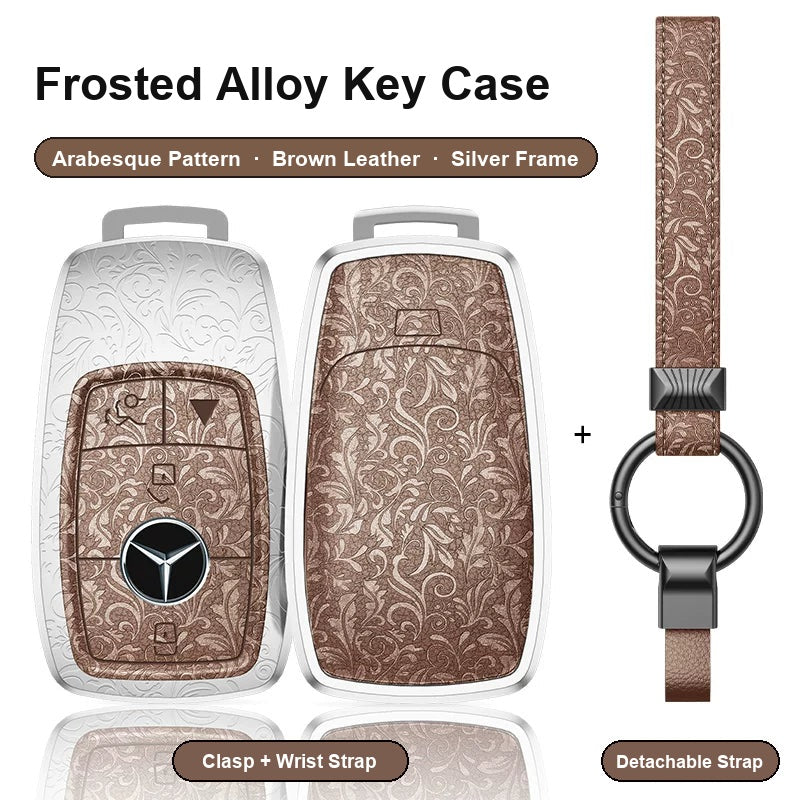 Mercedes-Benz Type A 4-button key case - Arabesque pattern, brown leather, silver frame